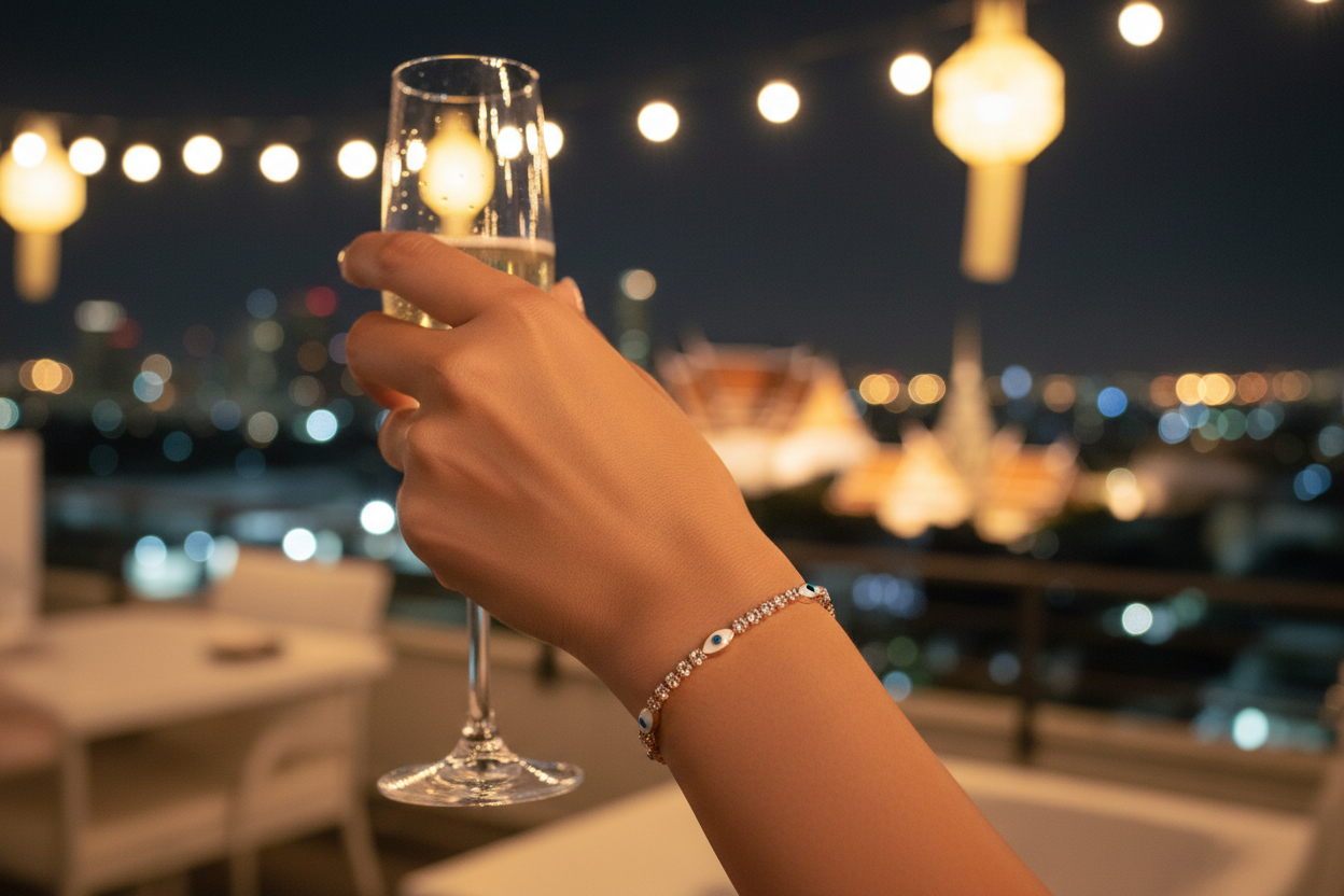 Rose gold evil eye tennis bracelet luxury rooftop party Thailand lifestyle