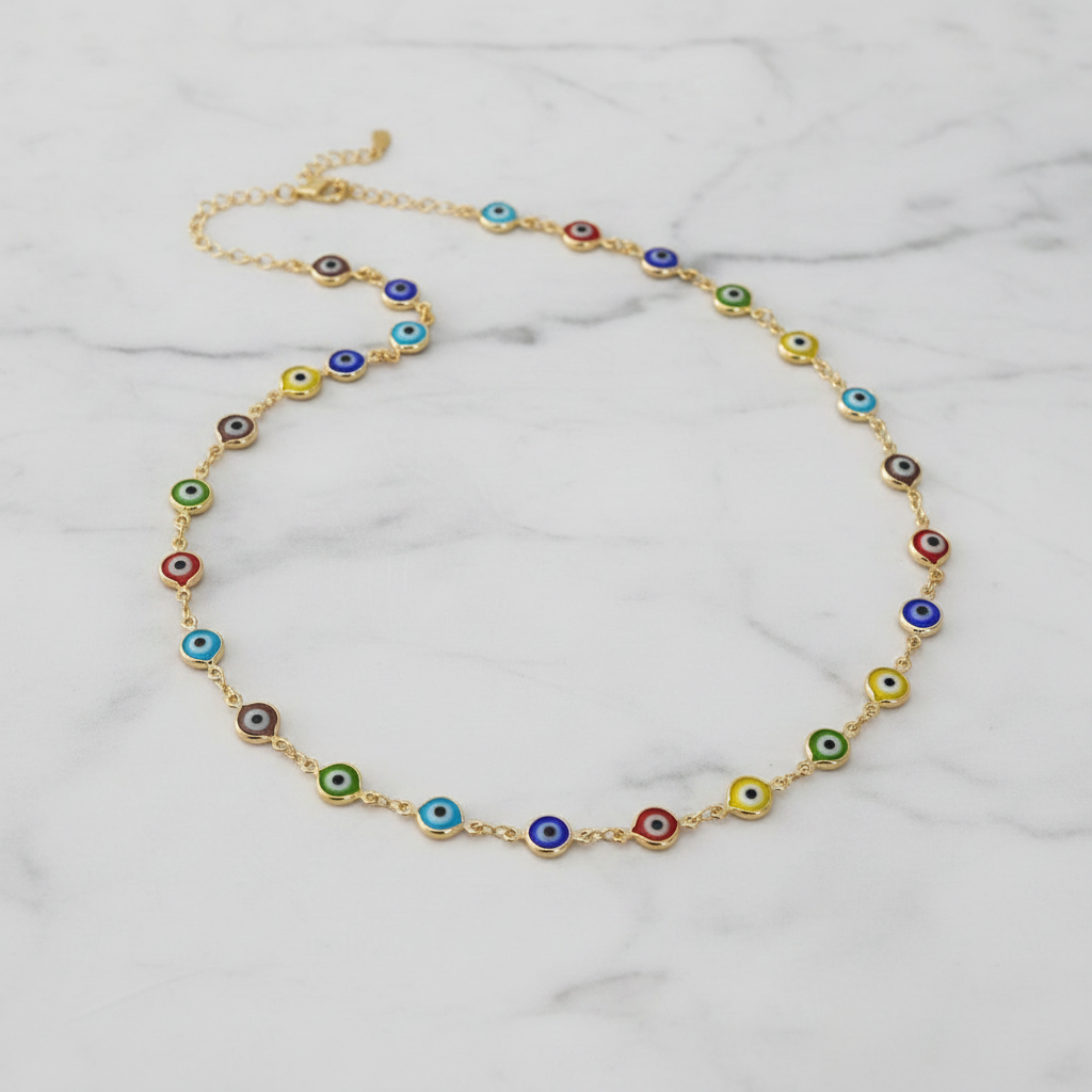 Multicolor evil eye necklace editorial navy velvet