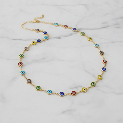 Multicolor evil eye necklace editorial navy velvet