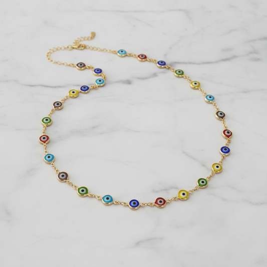 Multicolor evil eye necklace editorial navy velvet