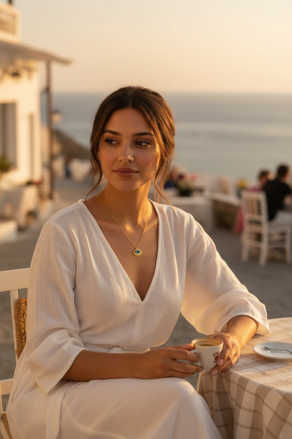 Guardian Eye Necklace at Mediterranean café terrace