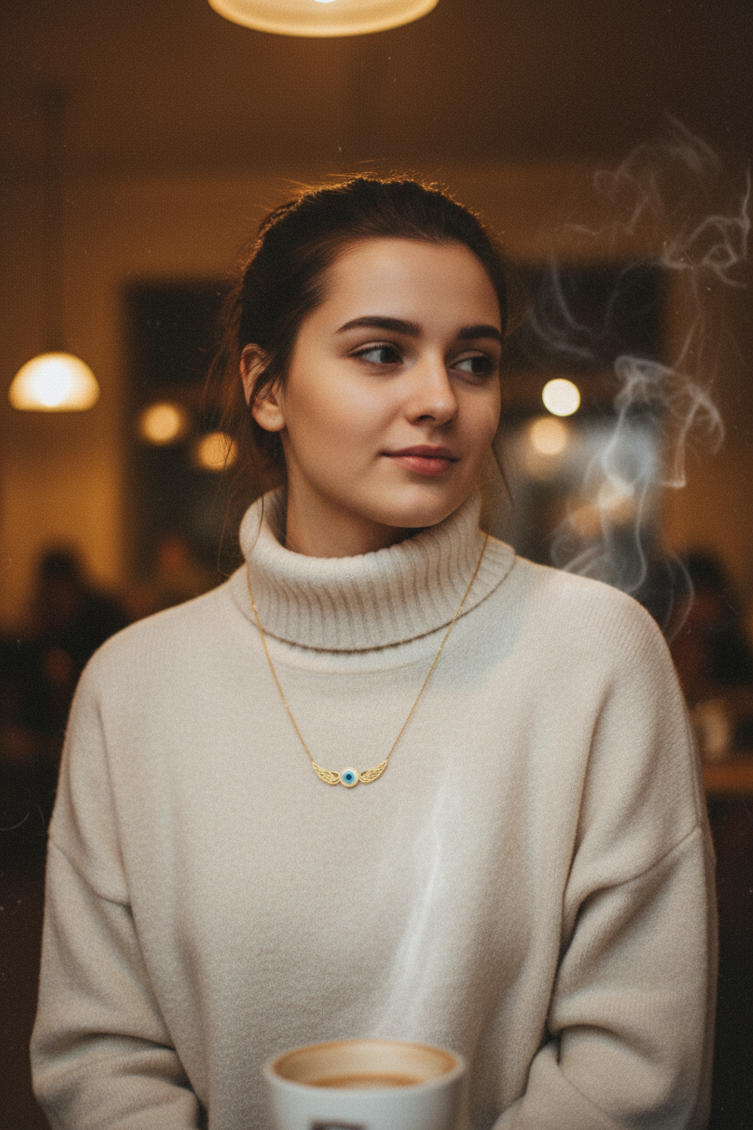 Woman in cozy cafe wearing evil eye angel wings necklace