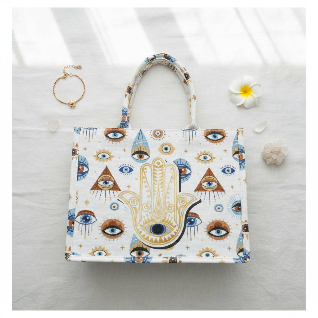 Flat lay of Hamsa evil eye tote bag with gold accessories