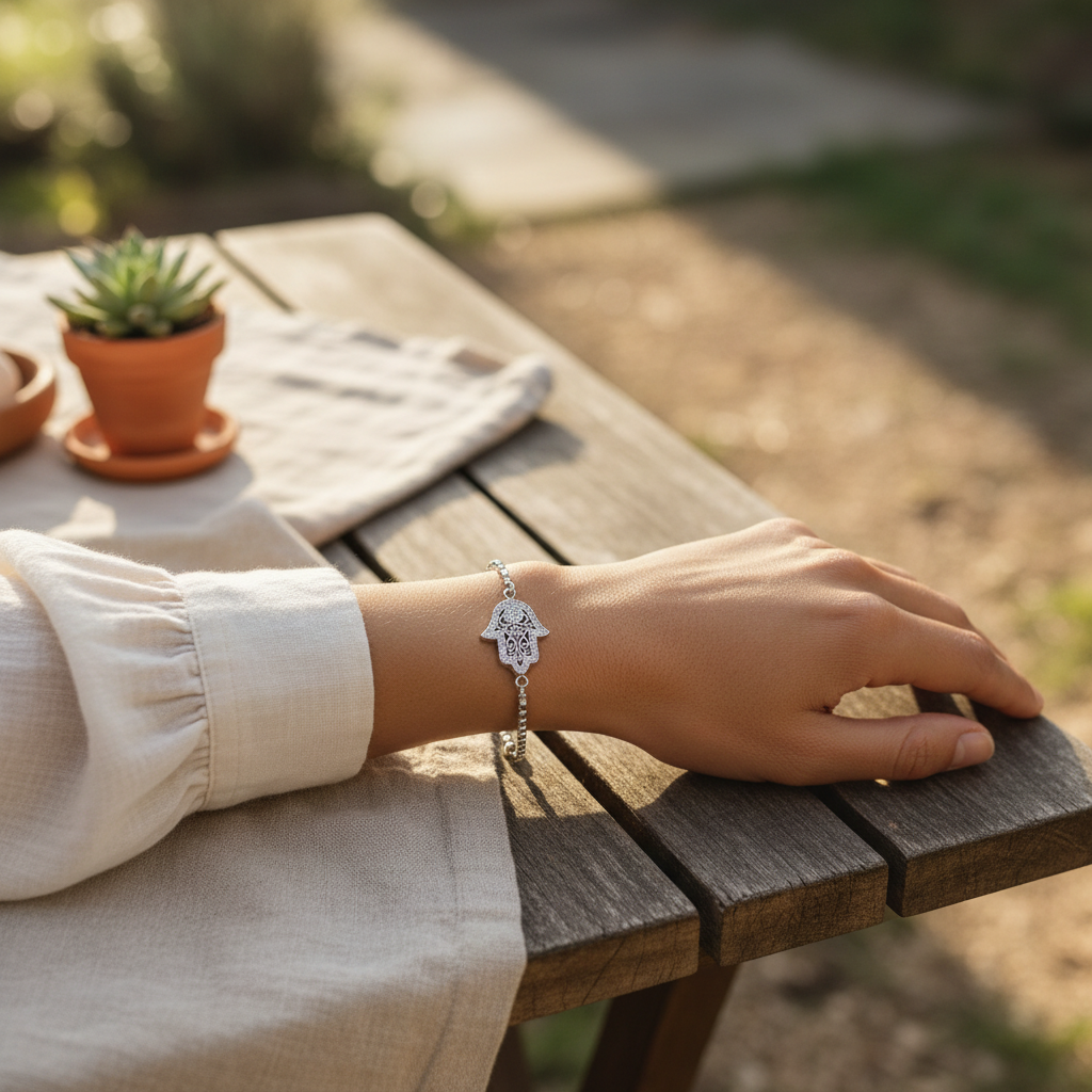 Hamsa Bracelet worn on wrist outdoors lifestyle