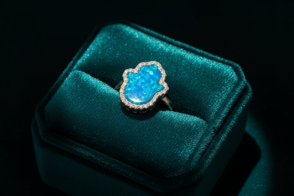 Blue opal hamsa ring teal velvet editorial spotlight