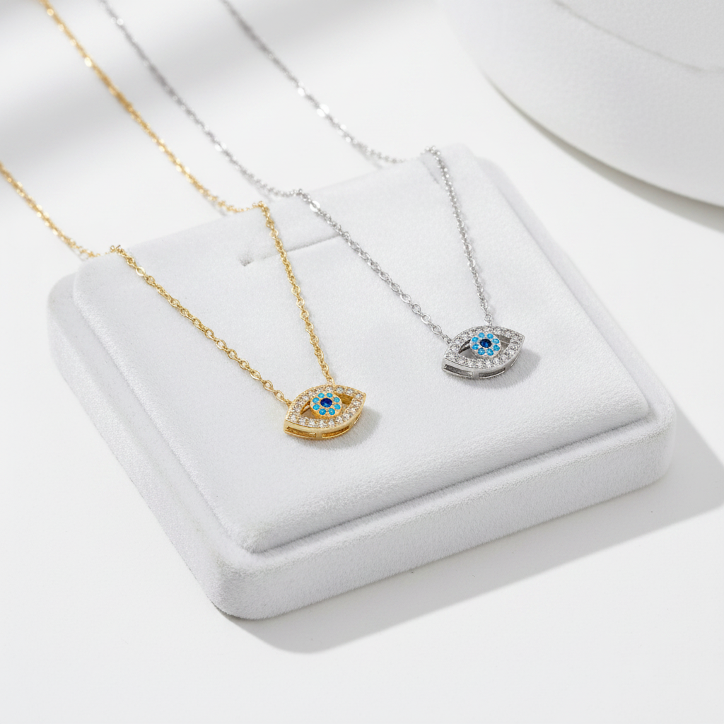 Gold and silver evil eye necklaces on white velvet tray