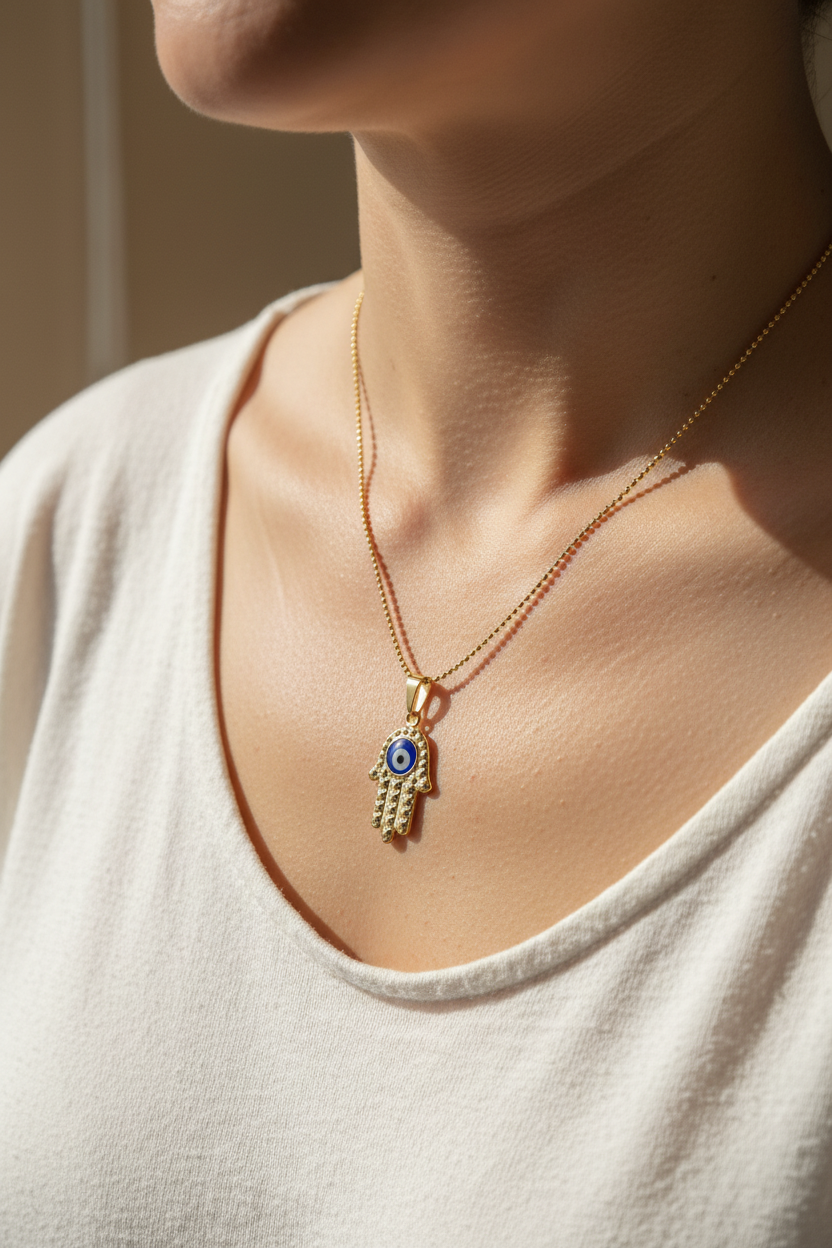 UGC lifestyle shot of gold diamond-cut hamsa necklace worn by light skin woman