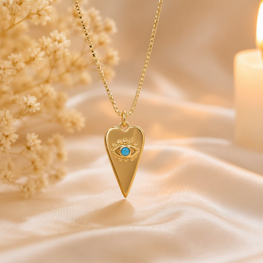 Gold heart evil eye necklace resting on ivory silk with dried baby's breath flowers
