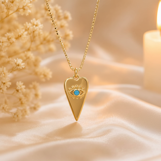 Gold heart evil eye necklace resting on ivory silk with dried baby's breath flowers