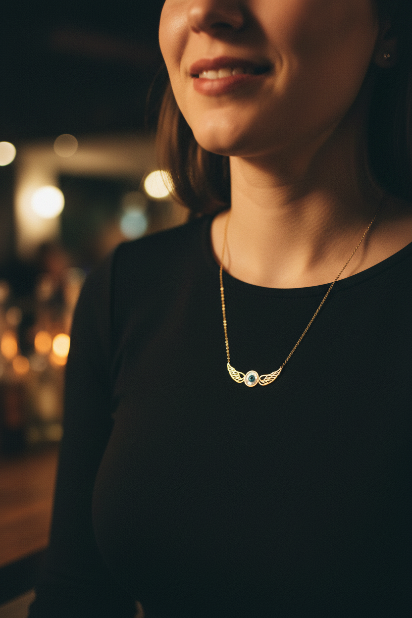 Woman on night out wearing evil eye angel wings necklace