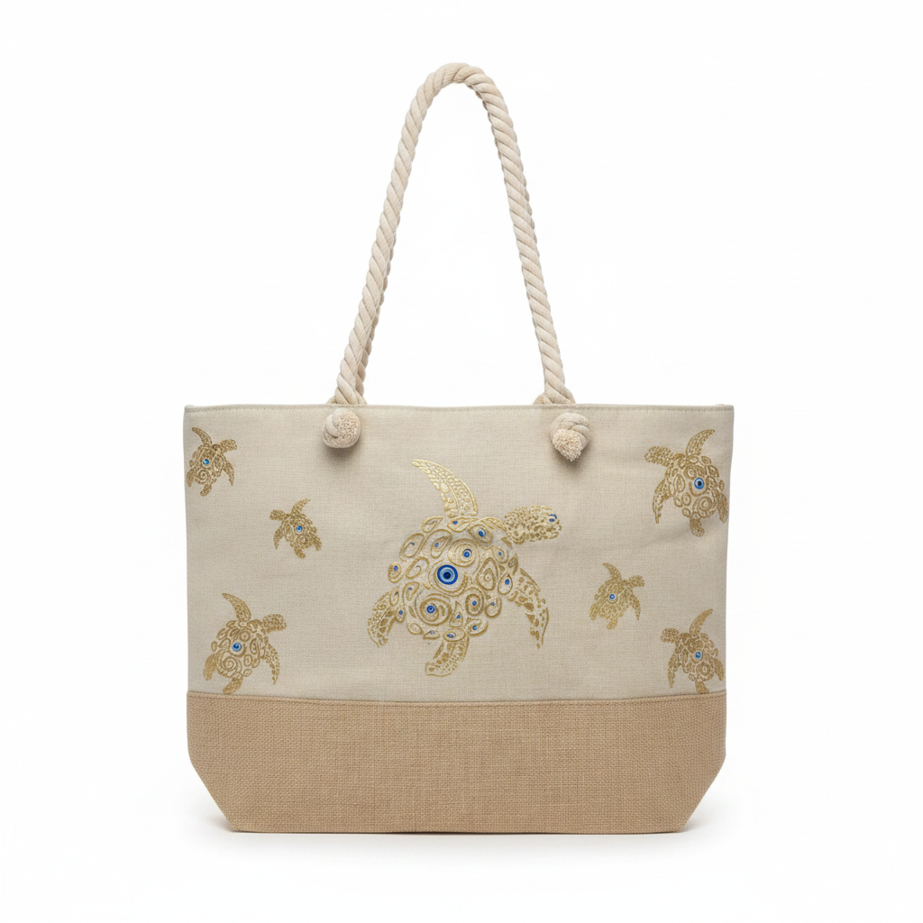 Evil Eye Sea Turtle Beach Tote — studio white background