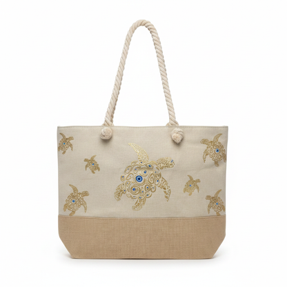 Evil Eye Sea Turtle Beach Tote — studio white background