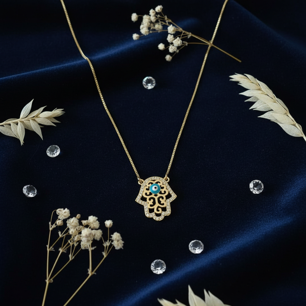 Flat lay of hamsa evil eye necklace on dark navy velvet with crystals