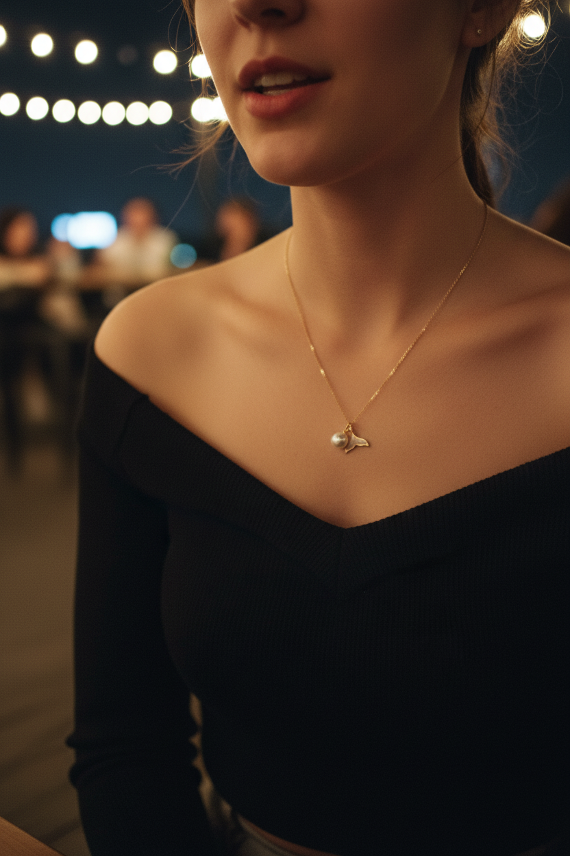 Candid rooftop bar photo of woman wearing pearl whale tail necklace at night