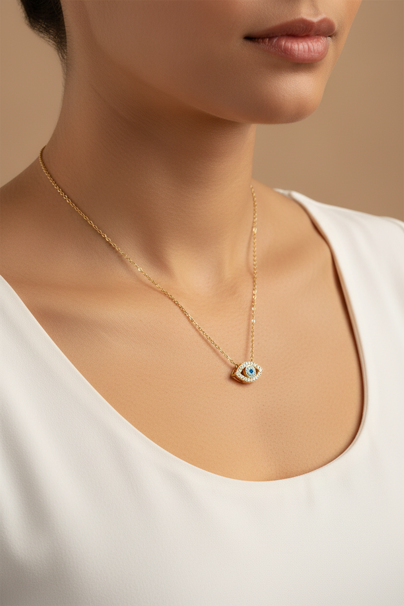 Woman wearing gold evil eye zirconia necklace on collarbone