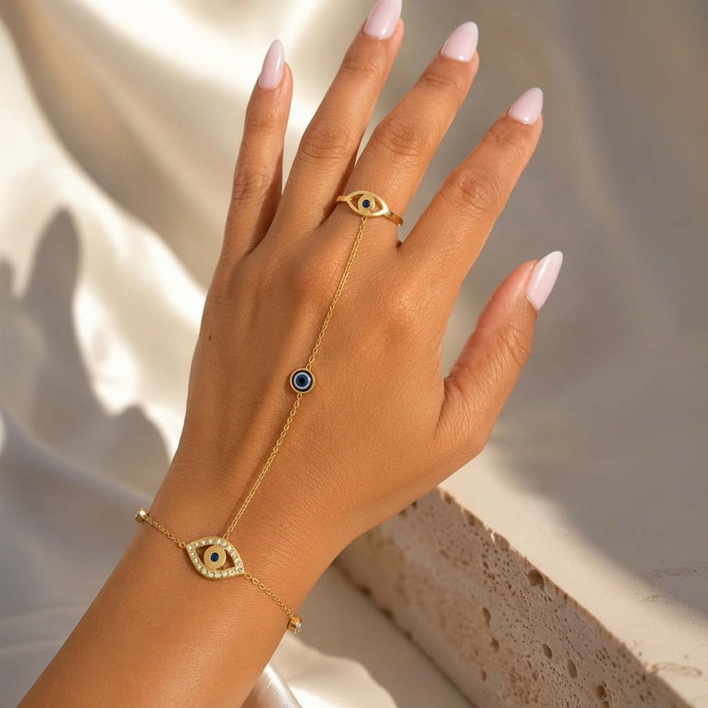 Gold evil eye hand chain worn on hand resting on warm travertine stone in Mediterranean sunlight