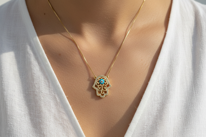 Close-up macro of hamsa pendant with turquoise evil eye and pavé crystal border