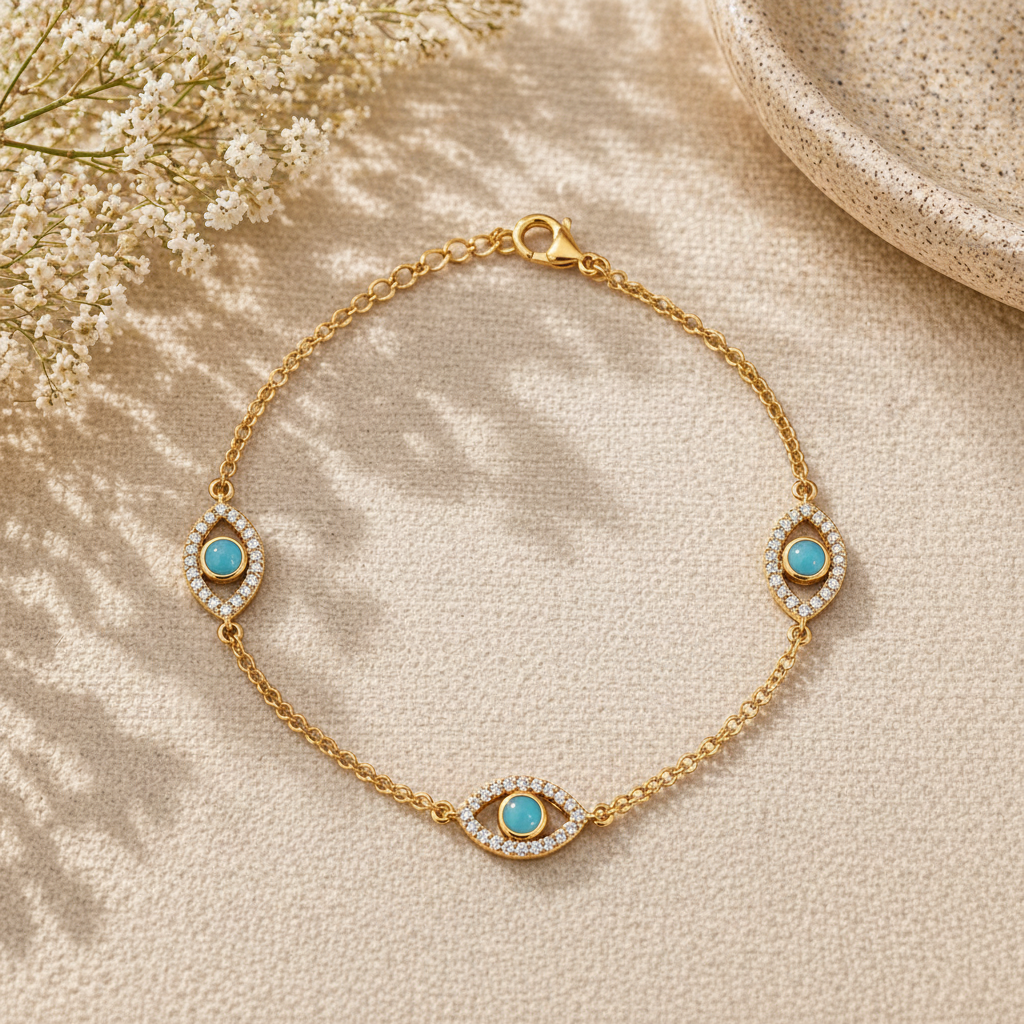 Nazar Station Bracelet - gold chain with light blue evil eye stones flat lay