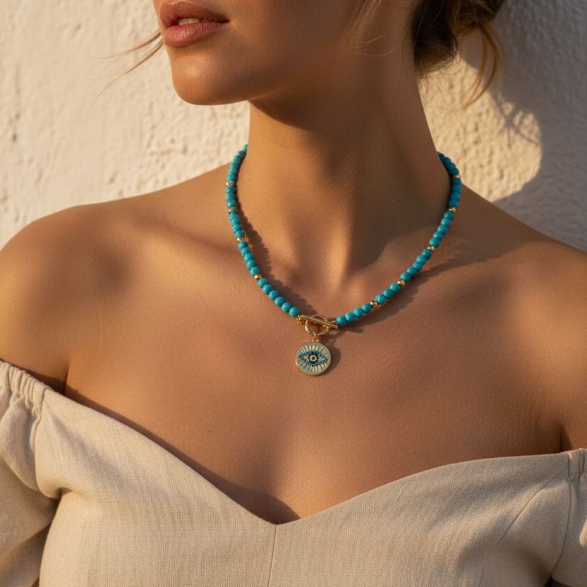 Turquoise evil eye necklace worn on collarbone against sunlit whitewashed Mediterranean wall