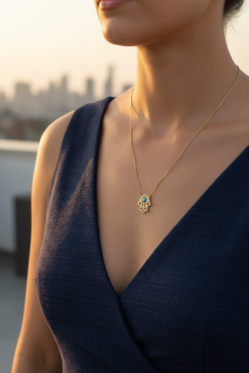 Woman wearing gold hamsa evil eye necklace in cocktail dress on rooftop at sunrise