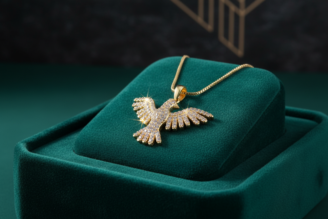 Pavé CZ phoenix necklace on teal velvet editorial