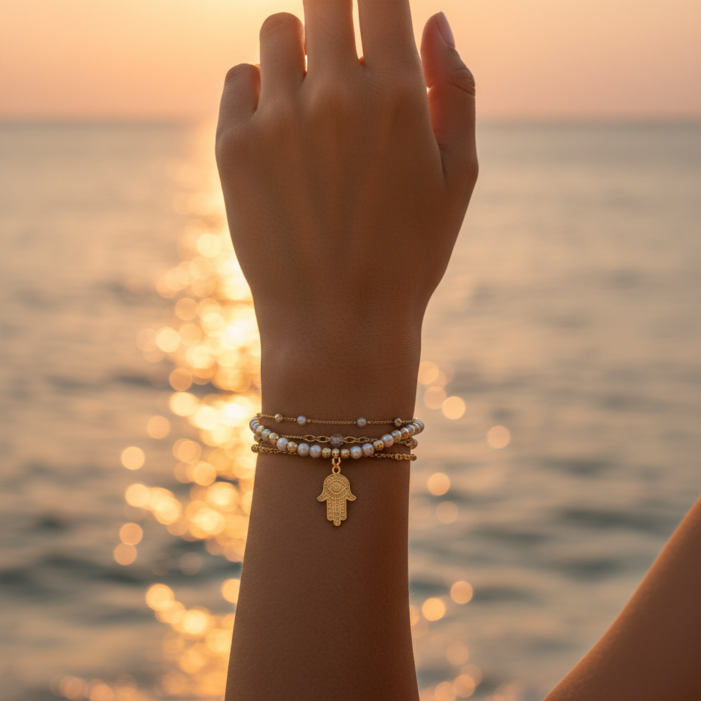 Pearl and gold hamsa bracelet on wrist against ocean bokeh background