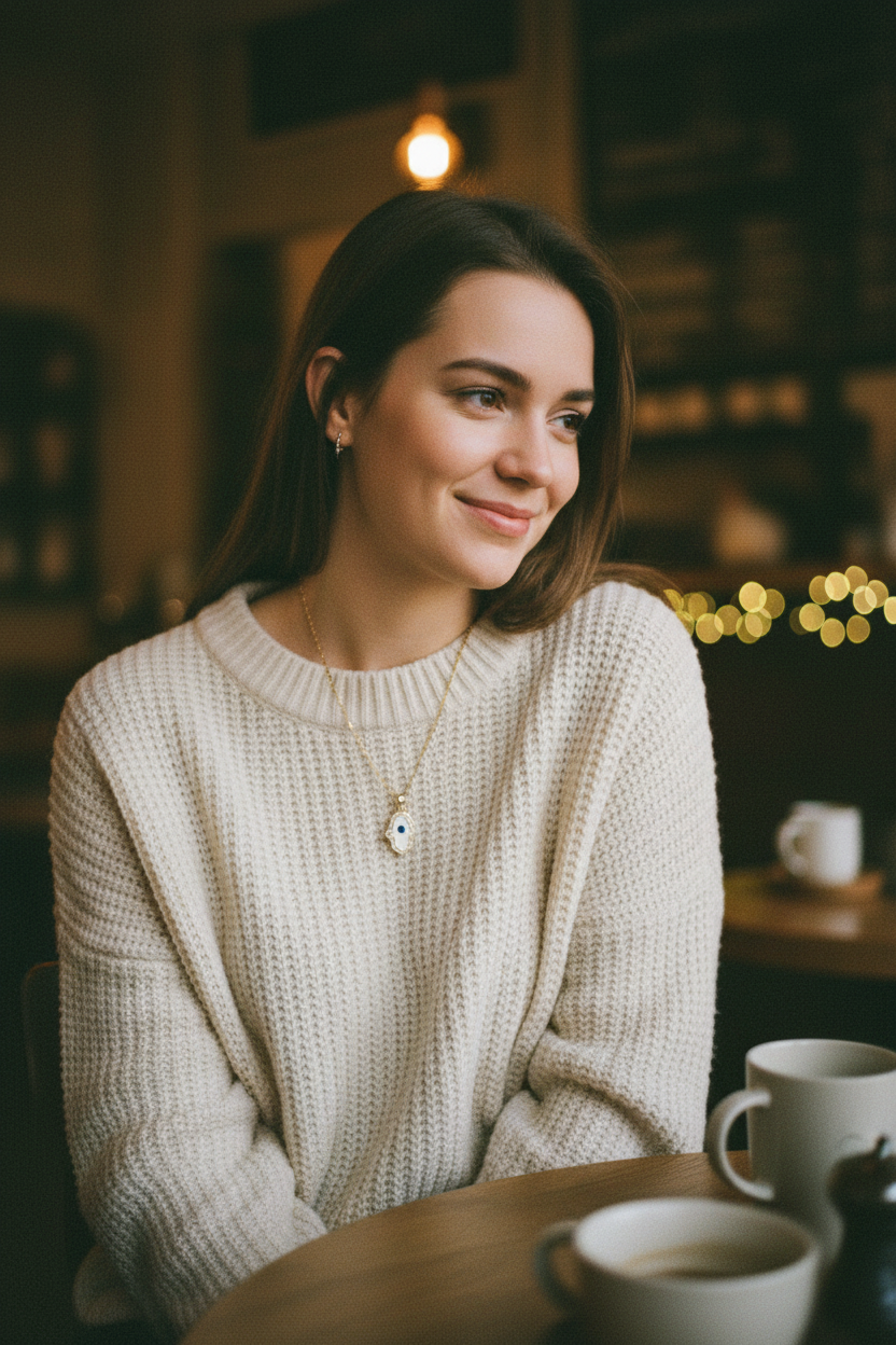 Woman in cozy cafe wearing white enamel Hamsa evil eye necklace