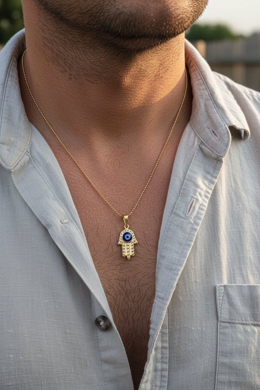 UGC lifestyle shot of gold diamond-cut hamsa necklace worn by man in linen shirt