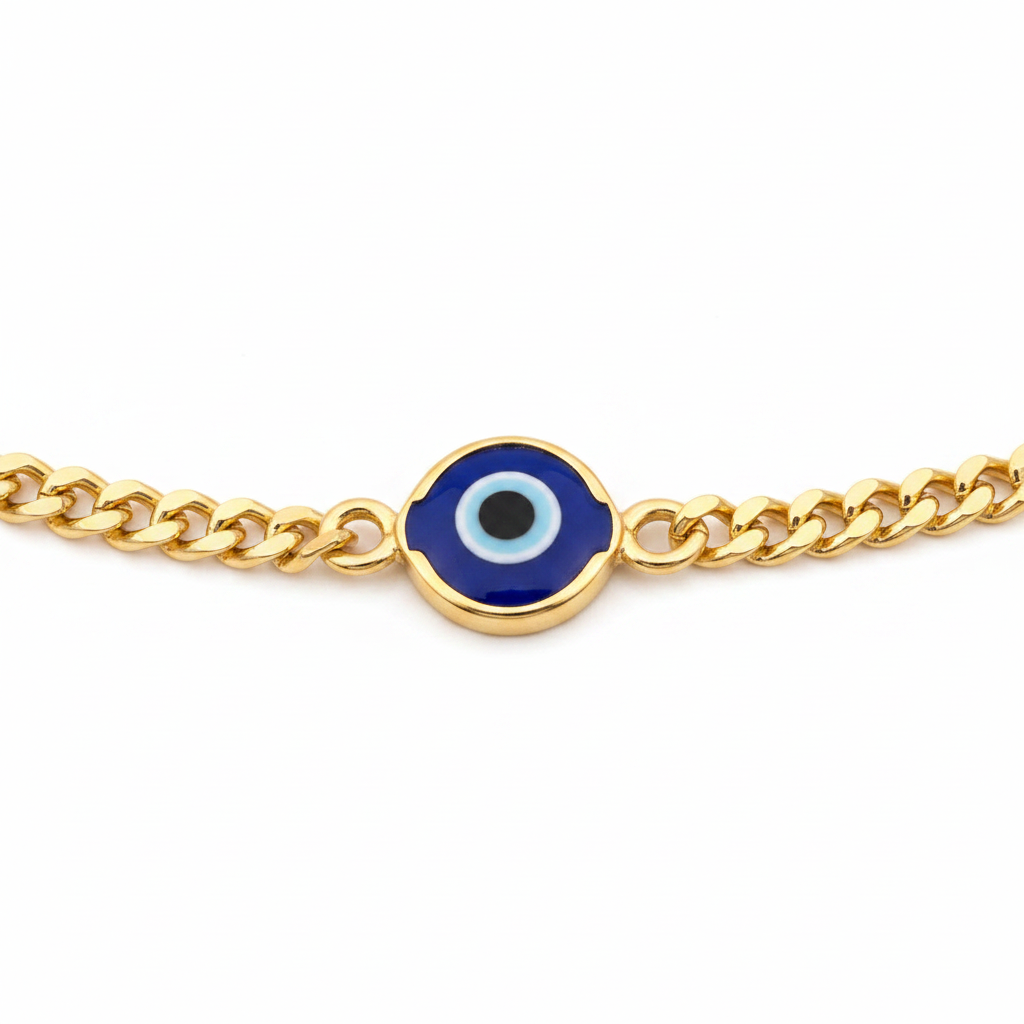 Evil eye curb chain anklet macro close-up