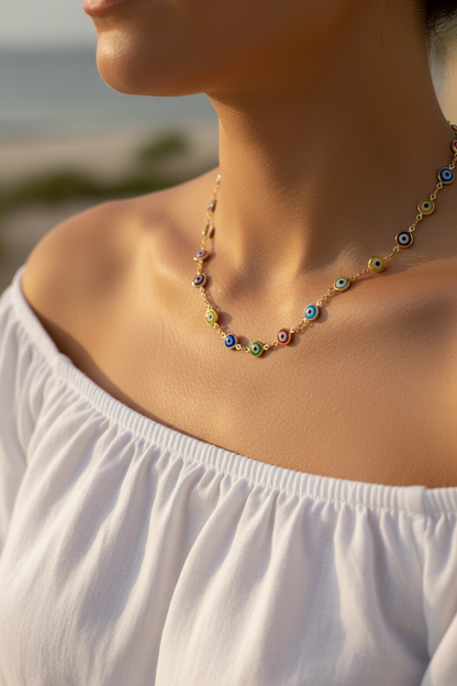 Multicolor evil eye necklace lifestyle neck shot