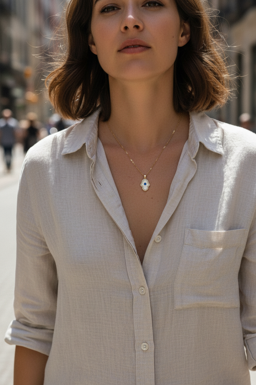 Woman walking on sunny street wearing white enamel Hamsa evil eye necklace