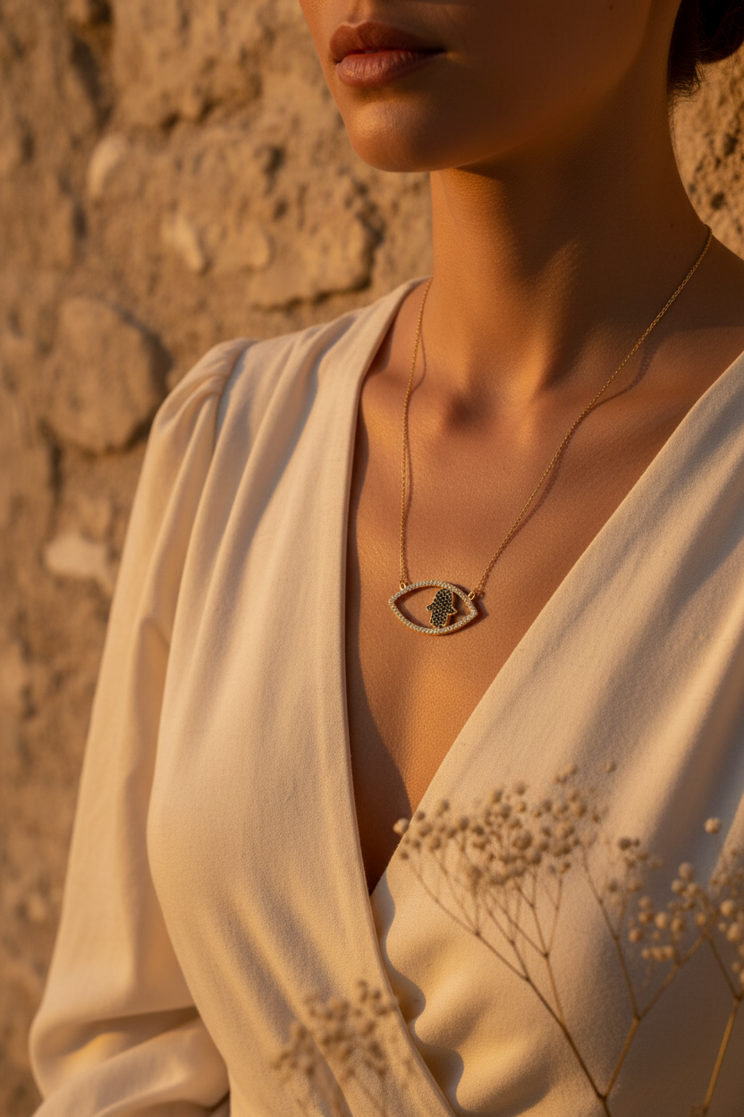 The Nazar Hamsa Necklace gold lifestyle sunset