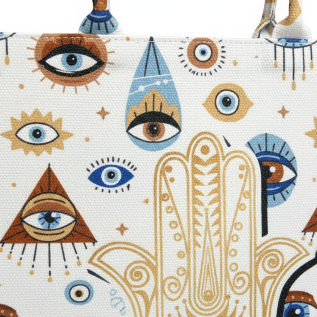 Close-up detail of Hamsa evil eye print on tote bag