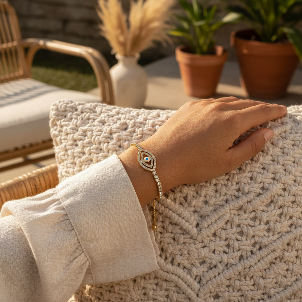 Evil Eye Bracelet worn on wrist outdoors lifestyle
