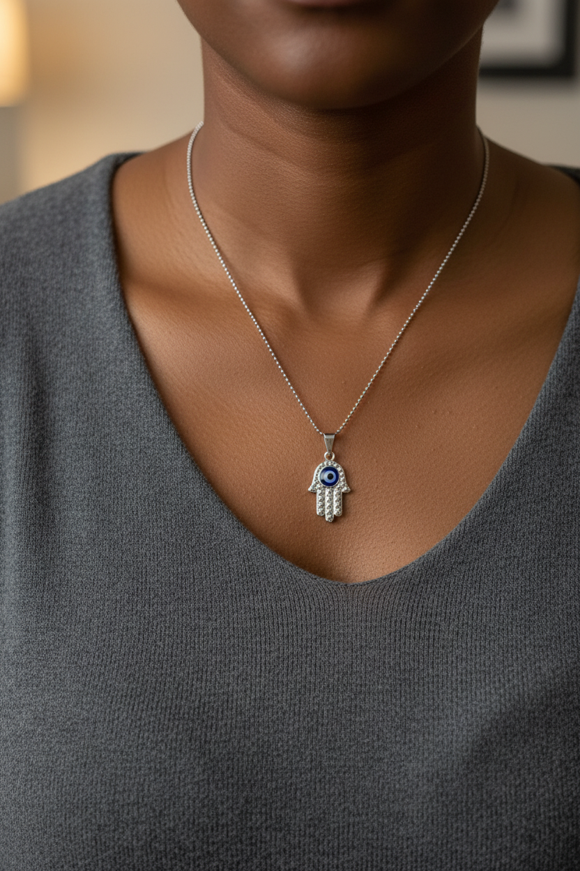 UGC lifestyle shot of silver diamond-cut hamsa necklace worn by dark skin woman