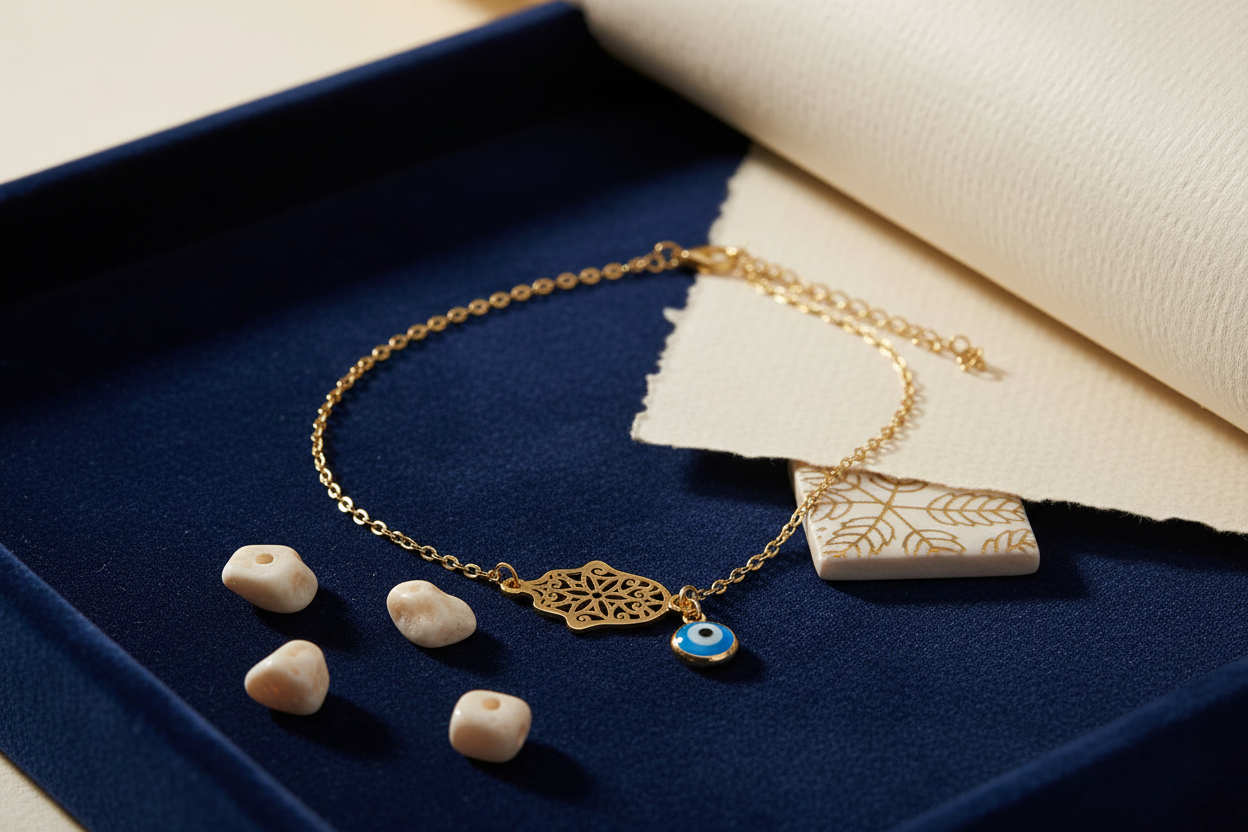 Hamsa evil eye anklet on navy velvet editorial