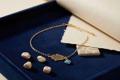 Hamsa evil eye anklet on navy velvet editorial