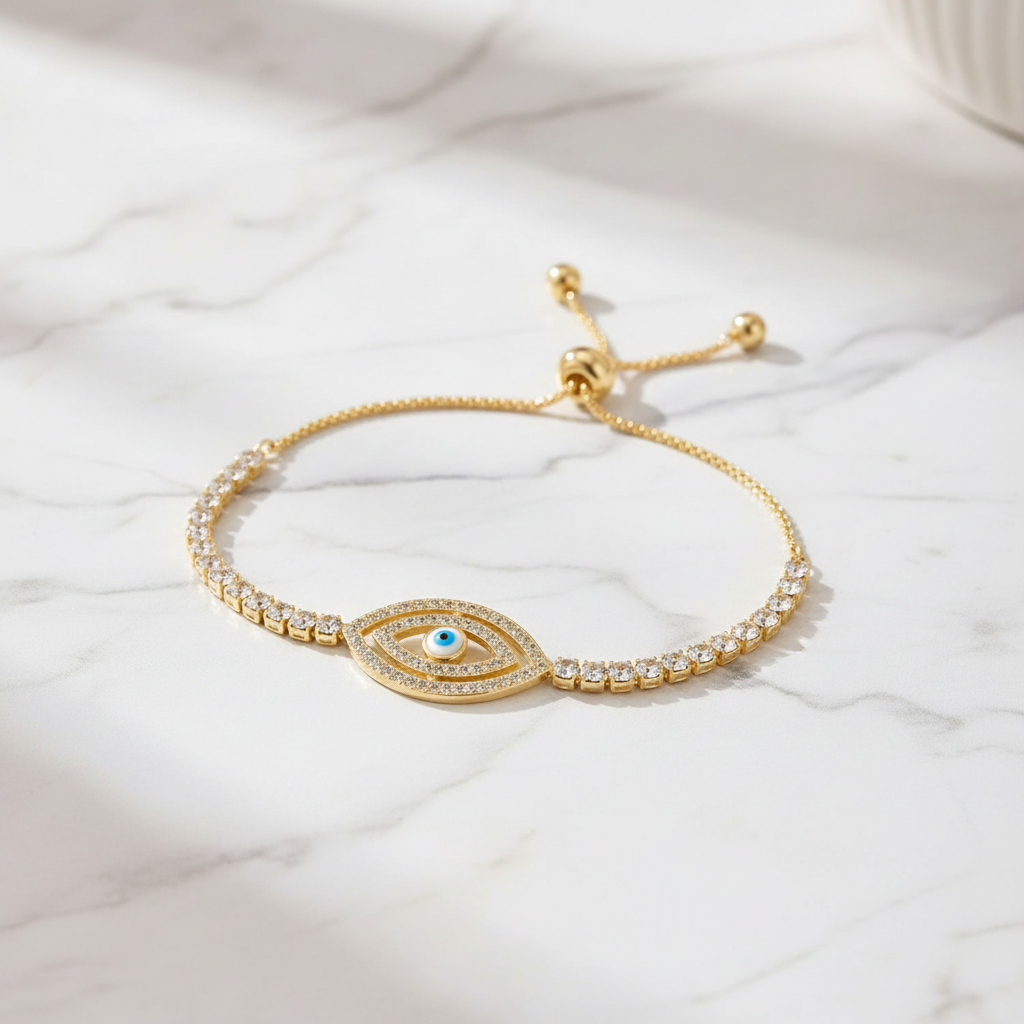Evil Eye Crystal Tennis Bracelet on white marble