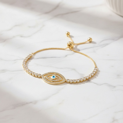 Evil Eye Crystal Tennis Bracelet on white marble