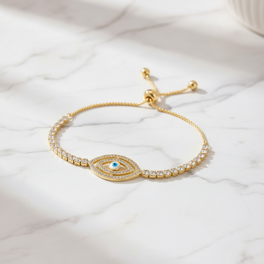 Evil Eye Crystal Tennis Bracelet on white marble