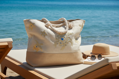 Lifestyle — tote on beach lounger at Mediterranean beach club