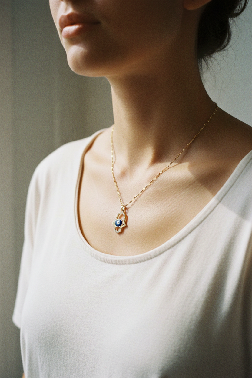 Candid lifestyle photo of woman wearing gold Hamsa evil eye necklace