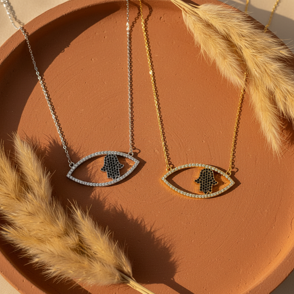 The Nazar Hamsa Necklace both colors terracotta flat lay