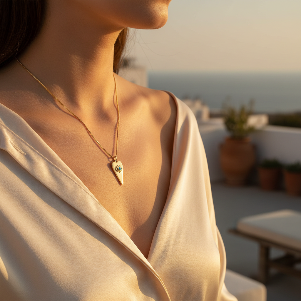 Gold heart evil eye necklace worn on collarbone at golden hour Mediterranean rooftop