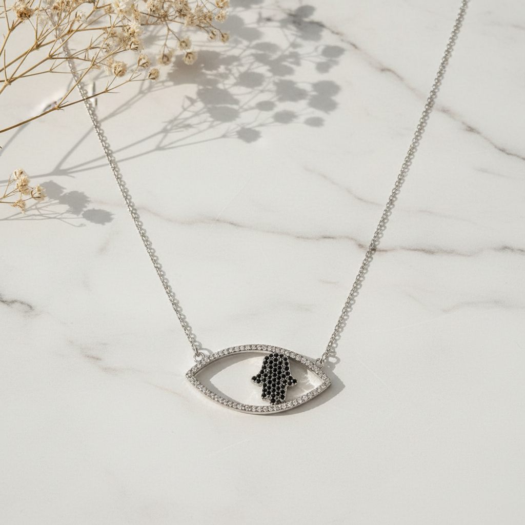 The Nazar Hamsa Necklace silver on white marble