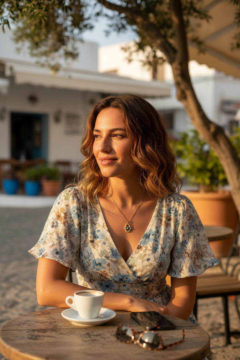 Woman at outdoor cafe wearing delicate gold Hamsa evil eye necklace