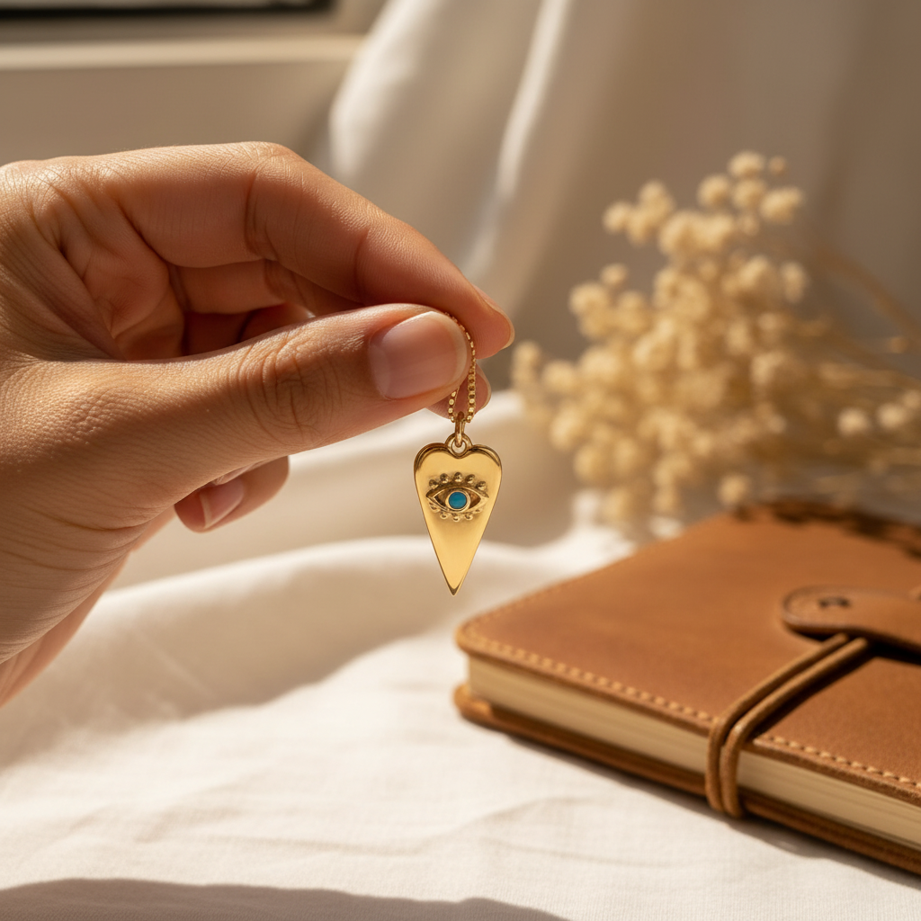 Gold heart evil eye necklace held between fingers in natural window light