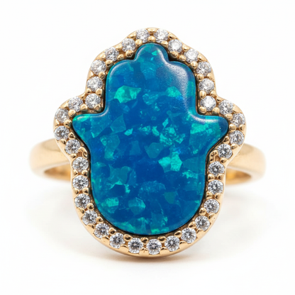 Blue opal hamsa ring macro CZ sparkle close-up