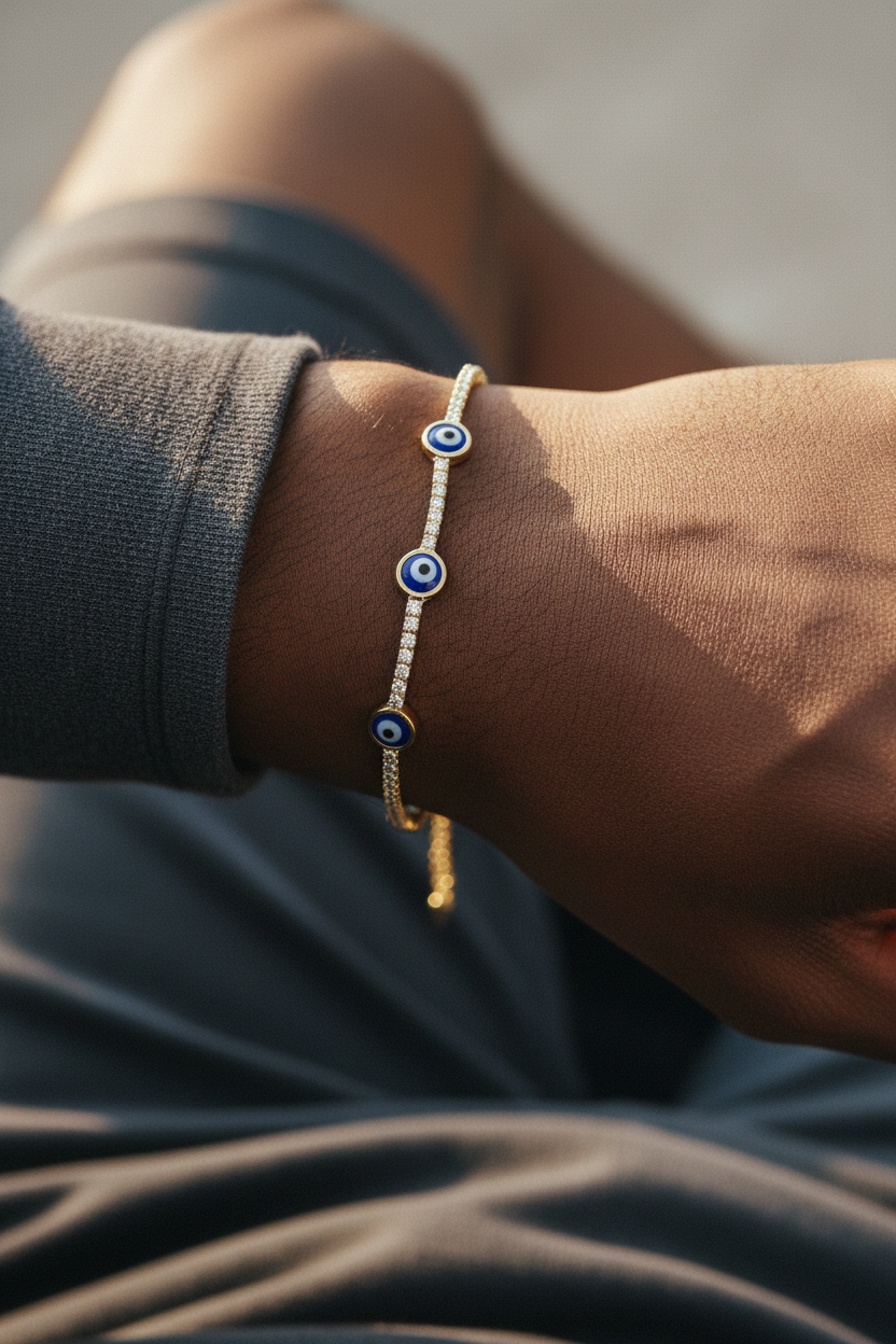 UGC lifestyle shot of gold evil eye tennis bracelet worn on dark skinned man's wrist
