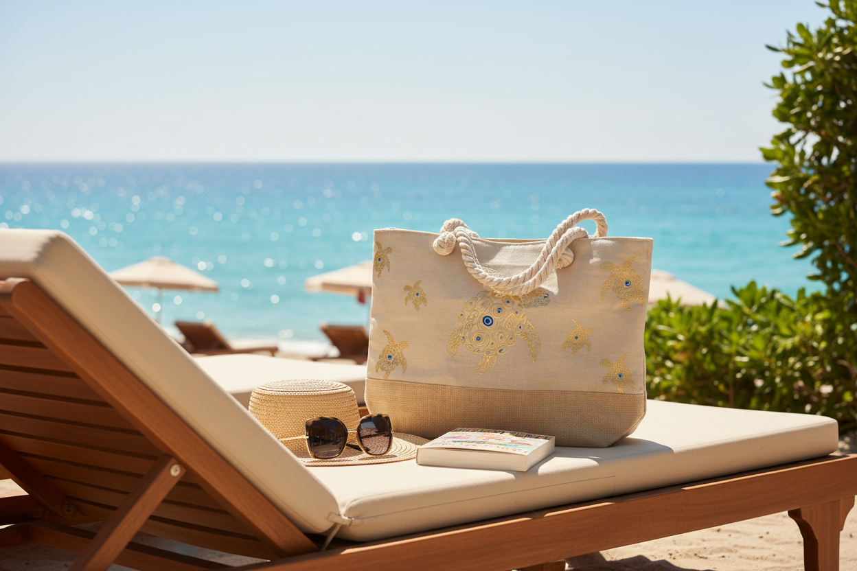 Lifestyle — tote on beach lounger at Mediterranean beach club